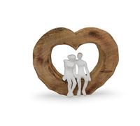 Elm home and garden Mango Wood and Aluminium Couple in Heart Sculpture - Handcrafted Romantic Ornament for Home Décor - Natural and White Finish - 26x23x9cm