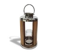 Elm Home And Garden Mango Wood and Stainless Steel Lantern - Glass Hurricane Candle Holder - Rustic Modern Decorative Lantern for Use - Natural Wood and Silver (48cm High x 26cm Wide x 26cm Deep)