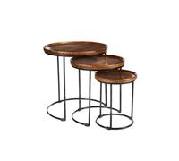 Elm Home And Garden Round Nest Of Three 3 Tables End Lamp Dark Solid Mango Wood Black Metal Frame 57Cm H X 54Cm W X 54Cm D