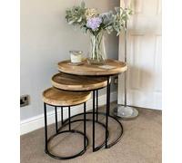 Elm Home And Garden Round Nest Of Three 3 Tables End Lamp Light Solid Mango Wood Black Metal Frame 57Cm H X 54Cm W X 54Cm D