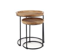 Elm Home And Garden Round Nest Of Two 2 Tables End Lamp Light Solid Mango Wood Black Metal Frame 47.5Cm H X 43Cm W X 43Cm D