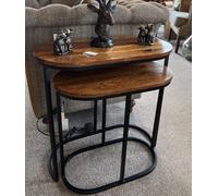 Elm Home And Garden Wooden Dark Brown Black Metal Oval Nest Of Two 2 Tables End Side Lamp H61 X W62 X D32Cm