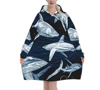 ELMAIN Blanket Hoodie Hand Drawn Underwater Sea Fish Pattern Wearable Blanket Adult Oversized Flannel Sweatshirt Gift for Women Multicolor