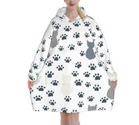 ELMAIN Wearable Blanket Hoodie for Women, Cat Silhouette and Cat Paws Pattern Fuzzy Soft Oversized Hooded Blanket Sweatshirts Multicolor