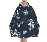 ELMAIN Wearable Blanket Hoodie for Women Men, Nautical Sailing Ship Navigational Compass Wheel Octopus Lobster Swordfish Oversized Cozy Warm Hooded Blanket Sweatshirt