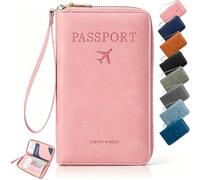 ELMVAR Multi-Functional RFID Passport Wallet, Travel Wallet for Men & Women, Secure ID Card Organizer with Anti-Theft Protection, Slim Leather Cover for Credit Cards, Tickets, and Cash，Pink
