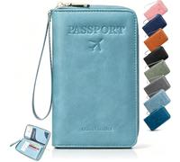 ELMVAR Multi-Functional RFID Passport Wallet, Travel Wallet for Men & Women, Secure ID Card Organizer with Anti-Theft Protection, Slim Leather Cover for Credit Cards, Tickets, and Cash，Sky Blue