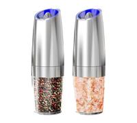 ELMWAY Battery-Powered Gravity Salt and Pepper Grinder Set of 2 - Electric Salt & Pepper Mills with Tilt-to-Start, Adjustable Coarseness, One-Hand Operation, LED, Stainless Steel(4 AAA Each Required)