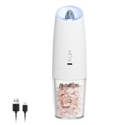 ELMWAY Gravity Rechargeable Salt and Pepper Grinder - Automatic Electric Salt & Pepper Mill with Adjustable Coarseness, One-Hand Operation, LED Light & Safety Switch - White (Single)