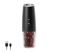 ELMWAY Gravity Rechargeable Salt and Pepper Grinder - Automatic Electric Salt & Pepper Mill with Adjustable Coarseness, One-Hand Operation, LED Light & Safety Switch - Black (Single)