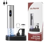 ELMWAY Rechargeable Electric Wine Opener Set - Electric Corkscrew with Dual LED Lights, Transparent Window & Fast Cork Removal, Includes Base, Foil Cutter, Aerator Pourer & Vacuum Stopper - Silver