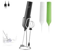 ELMWAY Rechargeable Milk Frother - Handheld Foam Maker with 3-Speed Control, USB-C Charging, 2 Interchangeable Whisk Heads, Long-Press Stop - Black Coffee Frother with Stand