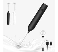 ELMWAY Rechargeable Milk Frother - Handheld Foam Maker with 3-Speed Control, USB-C Charging, and 2 Interchangeable Whisk Heads, Long-Press Stop, for Home & Kitchen Use - Black Coffee Frother