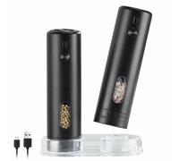 ELMWAY Rechargeable Salt and Pepper Grinder Set - Electric Salt & Pepper Mill with 6-Level External Coarseness Adjustment, One-Touch Operation, Large Capacity, LED Light & Storage Base (2-Pack,Black)