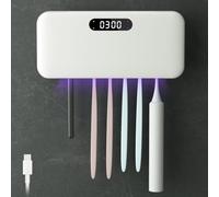 ELMWAY STB-038 Family UV Toothbrush Sanitizer Holder by ELMWAY - Wall-Mounted Sterilizer for 5 Brushes and 1 Razor, USB-C Rechargeable 4400mAh Unit with Fan, Heated Drying and LED Clock - White