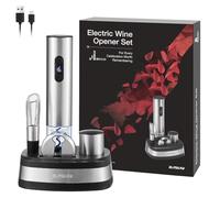 ELMWAY VinoLux Rechargeable Electric Wine Opener Set - Electric Corkscrew with Dual LED Lights, Fast Cork Removal, Premium Storage Base, Foil Cutter, Aerator Pourer & Vacuum Stopper - Silver