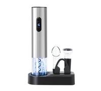 ELMWAY VinoLux Series Battery Electric Wine Opener Set - Electric Corkscrew with Dual LED & Stainless Steel Shell, Base, Foil Cutter, Wine Pourer & Vacuum Stopper, 4 AA Required - Silver