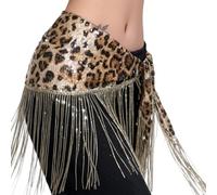 Elnwnnkc Leopards Print Bellydance Hip Wrap Skirt Glittering Sequins Belly Dance Hip Scarf with Long Tassels for Stage Show Adjustable Dance Waist Wrap
