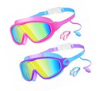 Elnwnnkc Swim Goggles with Full Coverage Frame, Reflective Polycarbonate Lenses and Integrated Ear Plugs for Pool Lessons and Water Play