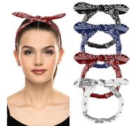 ELNX 4 Pcs Paisley Headbands, Elastic Paisley Bandanas Rabbit Ears Headbands Retro Head Scarf for Women Boho Bow Bandana Knot Headwrap for Girls Women Yoga Fitness Daily Wear Carnival Party