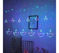 ElodieAu Diwali Diya Curtain Lights - 12 Warm White LED Diyas with Happy Diwali Sign, USB Powered Indian Festival String Lights for Indoor Outdoor Wall, Window, Balcony Decorations(Colorful)