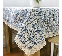 Elome 55 inch x 71 inch Rectangle Washable Cotton Linen Fabric Lace Vintage Navy Tablecloth, Damask Dinner White Blue Table Cloth Home Decor Table Cover