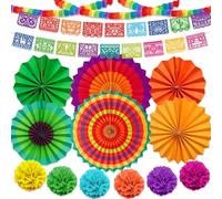 Elomy Mexican Theme Party Decorations - 26PCS Fiesta Banners Party Decoration, Cinco De Mayo Hanging Paper Fans, Pom Poms Flowers Decor Dia De Los Hanging Swirls Supplies