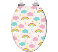 Elongated Decorative Seamless Resin Toilet Seat, Rainbow Clouds Cute Baby Pattern, Quiet Close Quick Release Hinges, Cover Bumpers, Easy Install & Clean