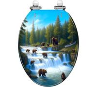 Elongated Decorative Toilet Seat Brown Bears Falls Katmai National Park Alaska Resin Quiet Close Quick Release Hinges Cover Bumpers Easy Install Clean