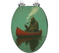 Elongated Decorative Toilet Seat Resin Whimsical Ape Smoking Pipe Red Canoe Calm Green Water Quiet Close Quick Release Hinges Easy to Install Clean