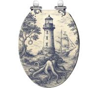 Elongated Resin Decorative Toilet Seat Blue Deep Sea Toile Lighthouse Sailing Ship Octopus Tentacles Trees Quiet Close Quick Release Hinges Cover Bumpers Easy to Install Clean
