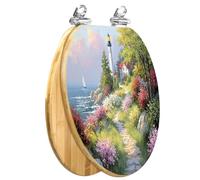 Elongated Solid Wood Toilet Seat Portland Head Lighthouse Grassy Ocean Sailboat Scene Slow Quiet Close Quick-Release Hinges Bumpers Easy Clean Install