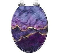 Elongated Toilet Seat abstract marbling violet blue purple marble with golden veins fake Resin Toilet Seat with Quietly Close Quick Release Hinges Decorative Toilet Seat with Cover Easy to Install