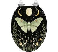 Elongated Toilet Seat Moth Moon Floral Elements Starry Night Sky Boho Resin Quietly Close Quick Release Hinges with Cover Easy Clean & Install
