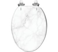 Elongated Toilet Seat Replacement, White Marble Subtle Grey Veins Resin, Quiet Close Quick Release Hinges, Decorative with Cover, Easy to Clean Install