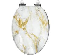Elongated Toilet Seat White Gold Marble Luxury Wall Texture Shine Golden Line Pattern Resin Toilet Seat Quietly Close Quick Release Hinges Decorative Toilet Seat Style 5 Elongated