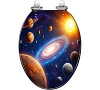 Elongated Toilet Seat with Quick Release Hinges for Bathroom | Colorful cosmic solar system planets design, quiet close hinges, easy to clean, easy to install, resin material
