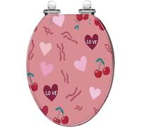 Elongated Toilet Seat with Quiet Close Hinges, Decorative Pink Resin with Cherry Hearts Leaves Design, Easy Install and Clean Quick Release Cover