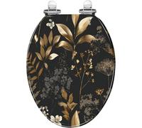 Elongated Toilet Seat with Quiet-Close & Quick-Release, for Bathroom | Resin material, gold/silver/black floral & leaf designs, easy installation & cleaning, includes bumpers