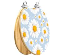 Elongated Wood Toilet Seat Blue Floral White Daisy Flat Slow Quiet Close Quick-Release Hinges Easy to Clean Install Bumpers