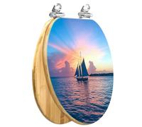 Elongated Wooden Toilet Seat Decorative Sunset Key West Sailing Boat Pattern Slow Quiet Close Quick-Release Hinges Bumpers Easy Clean Install