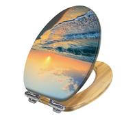 Elongated Wooden Toilet Seat Slow Quiet Close with Quick-Release Hinges Tunisia Long Wave Coast Dawn Sea Cover Bumpers Easy to Install & Clean