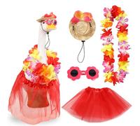 ELOOGOOKIN 4PCS Porch Goose Outfits, Summer Hawaiian Beach Geese Wreath & Dress with Hat and Eyeglasses for 17'' / 23'' Cement Goose Statues Outdoor Party Patio Garden Art Decoration