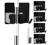 elook Broom Holder Wall Mounted, 5 Pcs Stainless Steel Self Adhesive Mop Broom Holder with Hooks Hanger, Mop Holder for Bathroom Kitchen Office Closet Garden Garage - Black