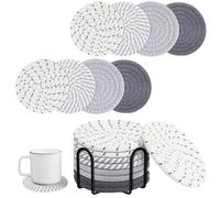 elook Drink Coasters Set of 8 - Cup Coasters with Holder, Reusable Dining Table Setting Round Placemats, Handmade Braided Fabric Coasters for Various Cups, Tables & Home Decor - 4.3 '' (Black)