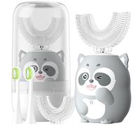 ELOTAME U Shaped Toothbrush Kids Electric Rechargeable Automatic with 4 Brush Heads with 6 Cleaning Modes Childrens Teeth Cleaning Ultra Soft Cartoon Design(Age 8-15, Gray Raccoon)