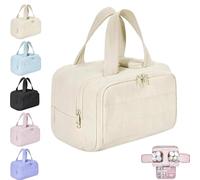 Elouva Toiletry Bag, Elouva Large Capacity Wide-Open Travel Cosmetic Bag, Waterproof Portable Pouch Open Flat Toiletry Bags (Beige)