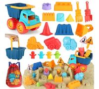 Elovien Beach Sand Toys, 21Pcs Sandpit Toys Included Large Dump Truck with Bucket, Spade, Mesh Backpack Bag, Sand Molds, Summer Outdoor Construction Toys for Kids Toddlers Boys Girls