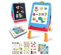 Elovien Easel Kids, 4 in 1 Double Sided Toddler Art Easel with Chalkboard & Magnetic Whiteboard, Foldable Kids Tabletop Easel with Drawing & Writing Accessories - Gift for Boys and Girls (Blue)