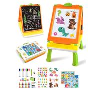 Elovien Kids Easel, 4 in 1 Double Sided Toddler Art Easel with Chalkboard & Magnetic Whiteboard, Foldable Tabletop Easel with Drawing & Writing Accessories - Educational Toy for Boys Girls (Orange)